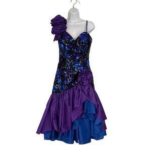 Alyce Designs VTG 80s Sequin Prom Dress Purple Blue Pageant Ruffles 34 bust, S